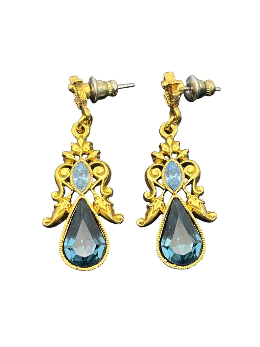 Blue crystal rhinestone gold tne filigree ornate dangle earrings Victorian style
